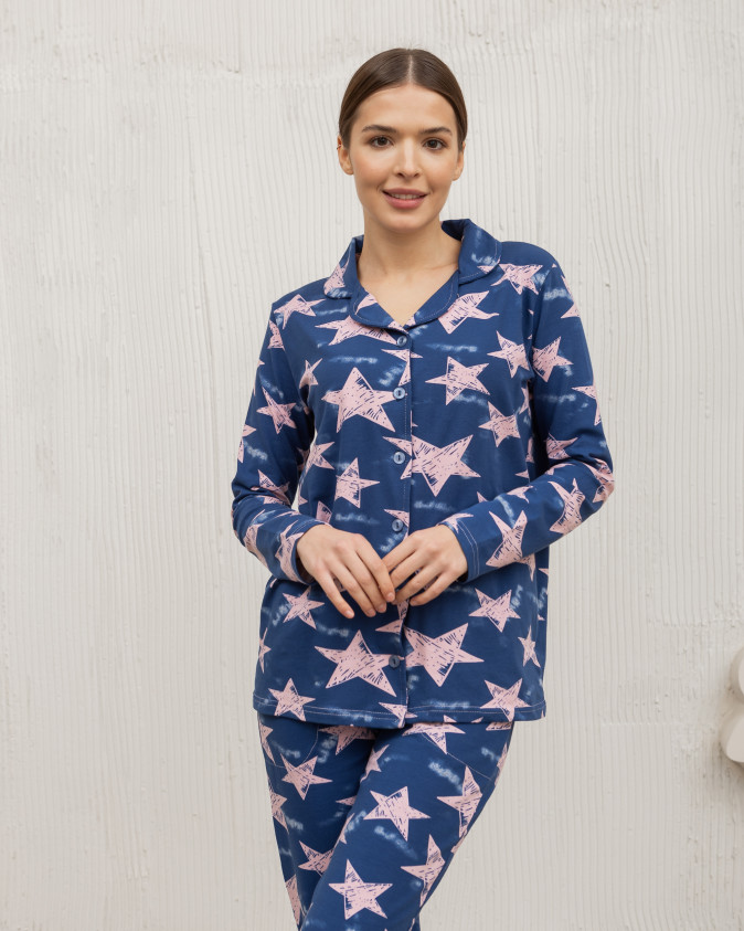 Жіноча темно-синя піжама на ґудзиках - Зірки