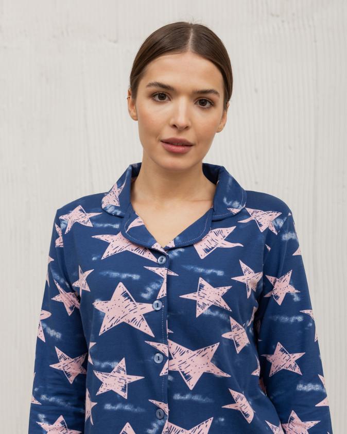 Жіноча темно-синя піжама на ґудзиках - Зірки