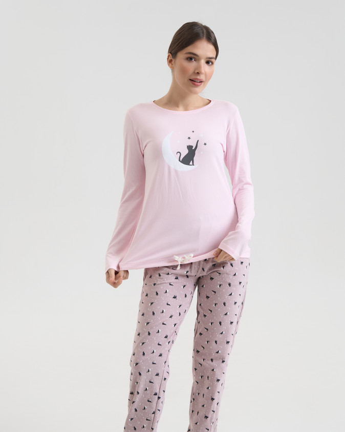 Жіночий комплект зі штанами Кіт і зірки - Family look мама/донька