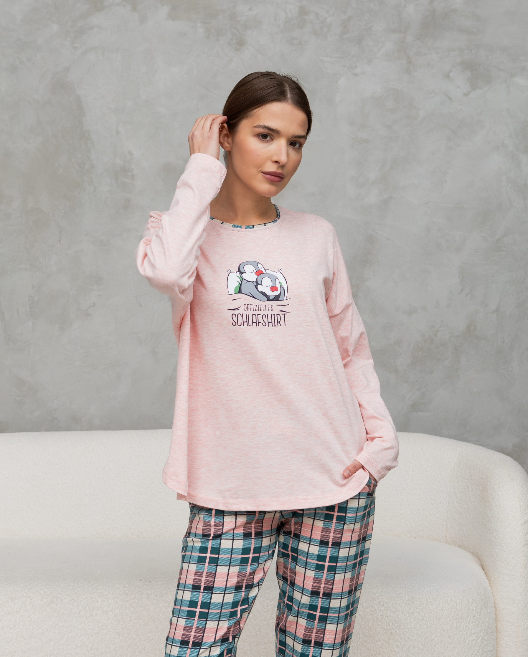 Жіночий комплект зі штанами в клітинку - Сплячі пінгвіни - offizielles schlafshirt