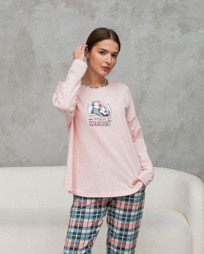 Жіночий комплект зі штанами в клітинку - Сплячі пінгвіни - offizielles schlafshirt