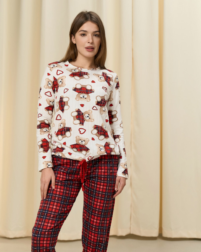 Жіночий комплект зі штанами Ведмедики - кофтинка в рубчик - Family look мама/донька 