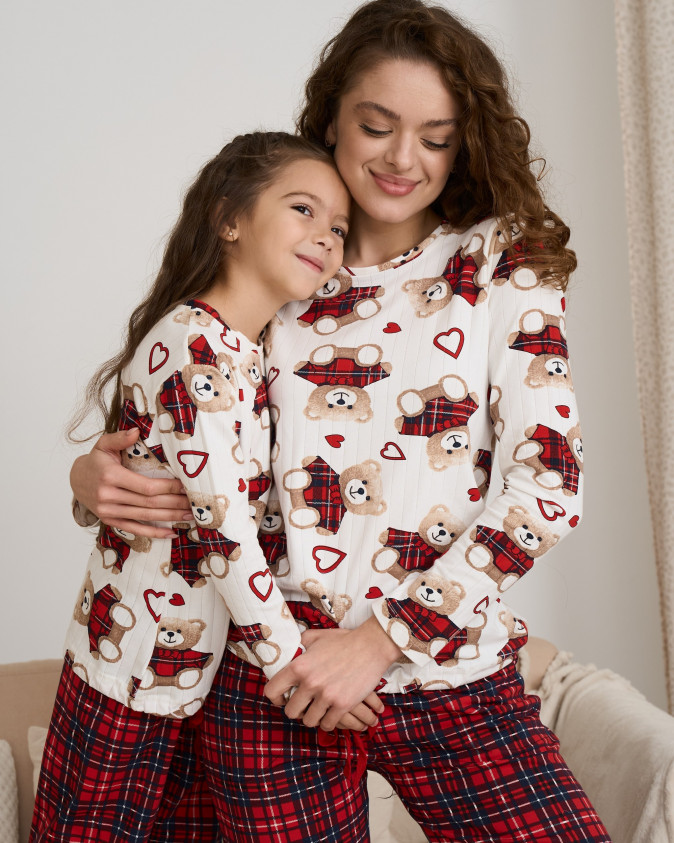 Жіночий комплект зі штанами Ведмедики - кофтинка в рубчик - Family look мама/донька 