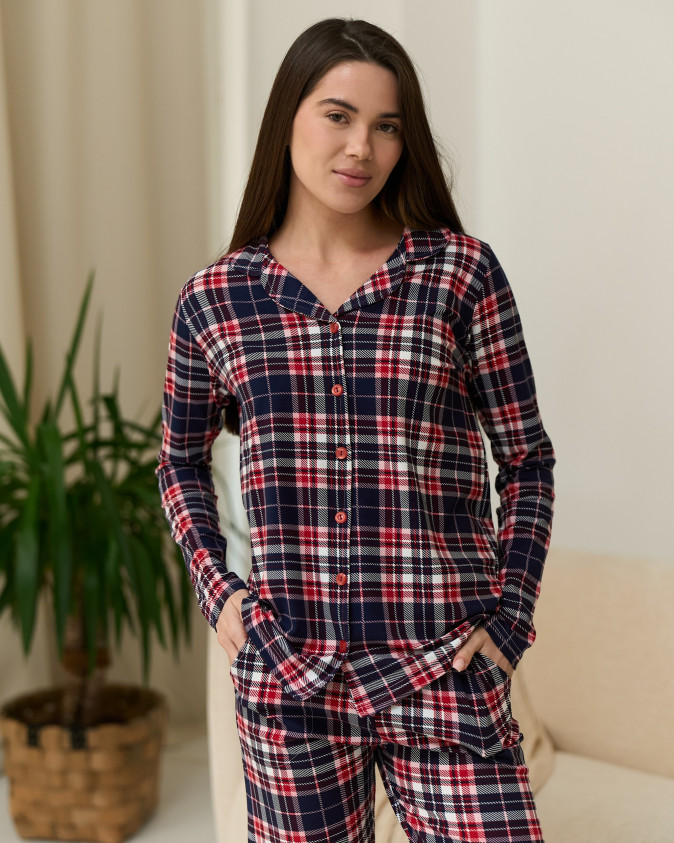 Жіночий комплект зі штанами клітинка - Family look для пари