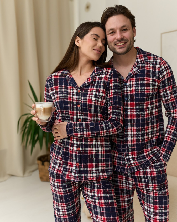 Жіночий комплект зі штанами клітинка - Family look для пари