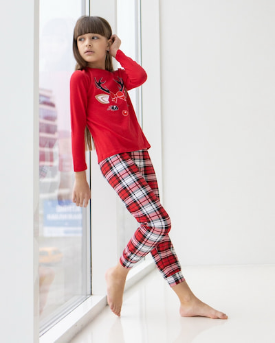 Красная пижама на девочку со штанами в клетку